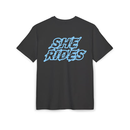 She Rides Oversized T-shirt Blauw//Bikergirl T-shirt