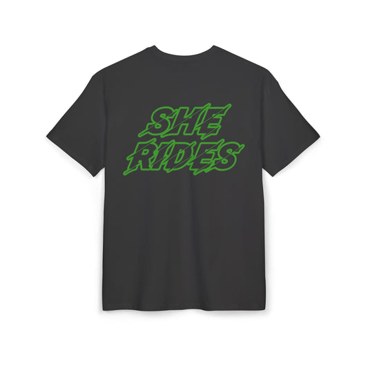 She Rides Oversized T-shirt Groen//Bikergirl T-shirt